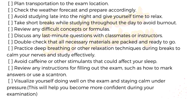 Day-before Examination checklist